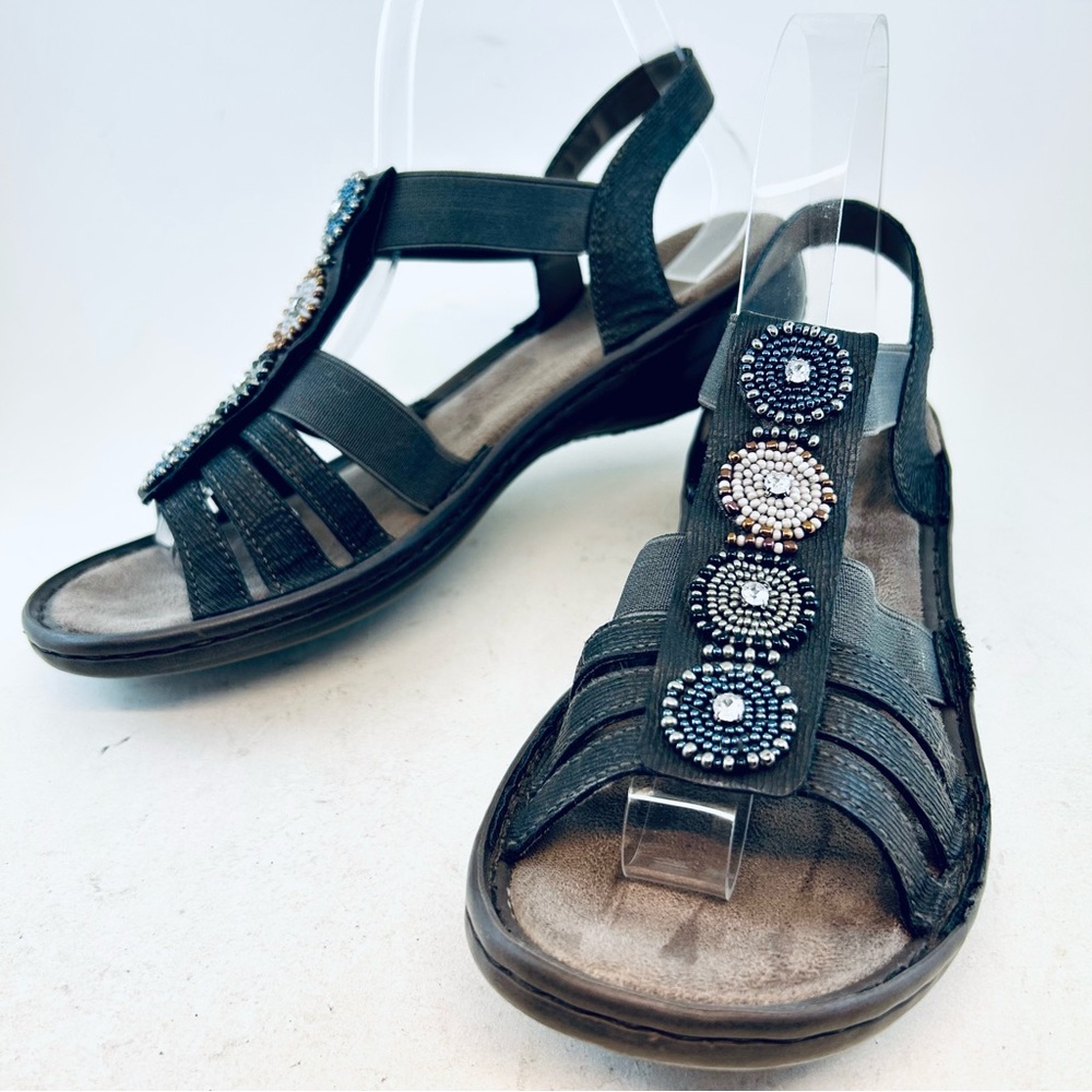 Rieker Antistress Vegan Basalt Gray Beaded Regina 608G9 Sandals, size 38 7 7.5